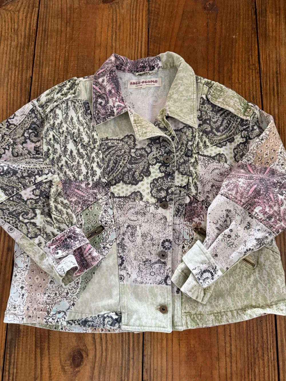 Free People Nadia Moto Jacket Oversized XS Patchwork Paisley Floral Cotton Boho